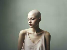 ai generado retrato de caucásico calvo chica, alopecia y cáncer conciencia foto