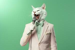 AI generated Stylish cat singing with microphone isolated on green background photo