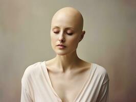 ai generado retrato de caucásico calvo chica, alopecia y cáncer conciencia foto