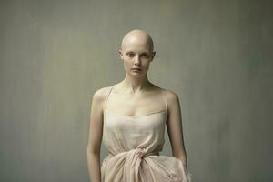 ai generado retrato de caucásico calvo chica, alopecia y cáncer conciencia foto