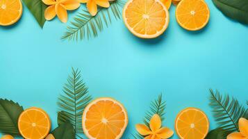 AI generated Orange slices and green leaves background with copy space photo