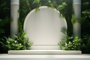 AI generated Luxury mockup frame wall decorated by green plants, copy space photo