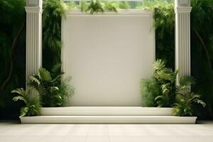 AI generated Luxury mockup frame wall decorated by green plants, copy space photo