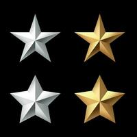 Set of Golden and silver Christmas 3d Star metal glossy bright shine five angle star shape isolated on black Background collection. vector