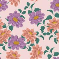 Hand Drawn Purple Flower and Leaves Seamless Pattern vector