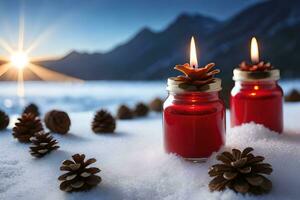 AI generated candles and pine cones on the snow at sunset photo