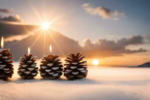 AI generated candles and pine cones on the snow at sunset photo