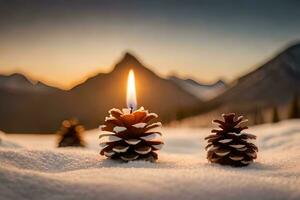 AI generated candles and pine cones on the snow at sunset photo