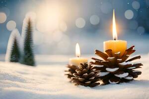 AI generated candles and pine cones on the snow at sunset photo