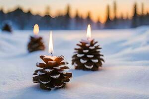 AI generated candles and pine cones on the snow at sunset photo