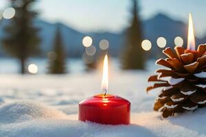 ai generado velas y pino conos en el nieve a puesta de sol foto