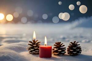 AI generated candles and pine cones on the snow at sunset photo