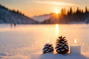 AI generated candles and pine cones on the snow at sunset photo