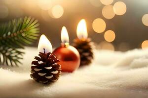 AI generated five pine cones with candles in the snow photo