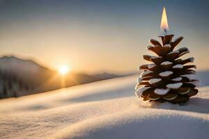 AI generated five pine cones with candles in the snow photo