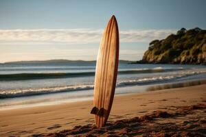 AI generated Photo of a classic wooden surfboard on a beach. Generative AI