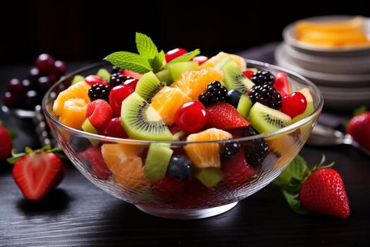 AI generated Photo of a colorful fruit salad in a glass bowl. Generative AI