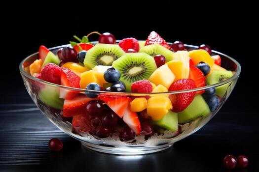 AI generated Photo of a colorful fruit salad in a glass bowl. Generative AI