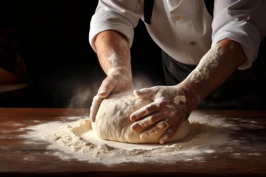 AI generated Photo of a baker kneading dough for artisan bread. Generative AI