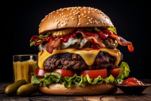 AI generated Photo of a mouthwatering American hamburger with all the fixings on a spotless white countertop. Generative AI