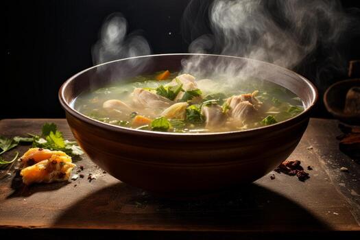 AI generated Photo of a rustic and hearty bowl of homemade chicken noodle soup with aromatic steam rising. Generative AI