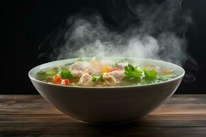 AI generated Photo of a rustic and hearty bowl of homemade chicken noodle soup with aromatic steam rising. Generative AI