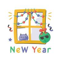 Happy new year 2024 decorations with small lights, flat hand drawn sticker of new year vector