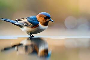 ai generado un pequeño pájaro con un azul y blanco cabeza sentado en un rama foto