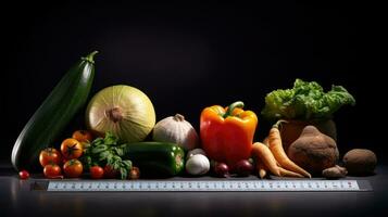 This stock photo showcases a variety of fresh vegetables, such as carrots, onions, and peppers, arranged next to a ruler to give an idea of their size.