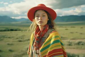 a woman wearing a red hat, standing in a large open field with a serene atmosphere. photo