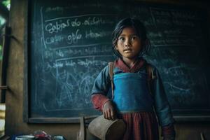 a young girl, possibly a student, standing in front of a chalkboard with a bucket. photo