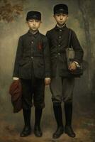 This painting portrays two uniformed schoolboys standing next to each other, each holding a bag. photo