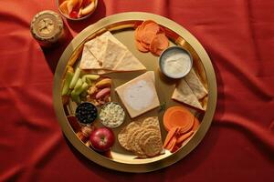 AI generated a platter filled with an assortment of crackers, vegetables, and dip set on a dining table. photo