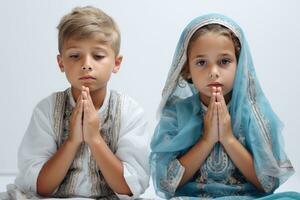 ai generado niños Orando juntos foto