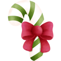Festive watercolor green and white christmas candy cane with red ribbon bow illustration. png