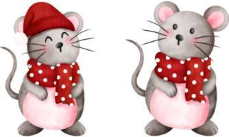 Set of adorable watercolor christmas baby mouse in red santa hat and scarf illustration. png
