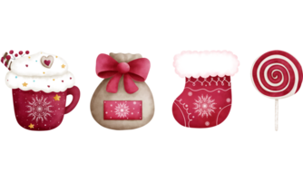 Set of christmas ornaments clipart. Christmas hot cacao drink,santa sack,sock and candy cane illustrtation. png