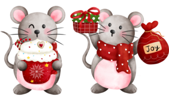 Set of cheerful watercolor christmas baby mouse in red scarf illustration with christmas ornaments. png