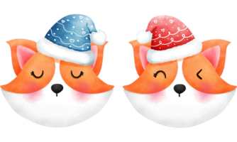 Set of adorable watercolor christmas baby corgi illustration with santa hat. png