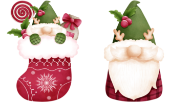 Set of whimsical watercolor christmas gnomes with red sock and ornaments illustration. png