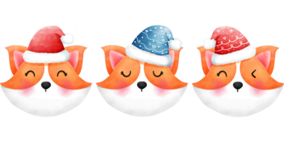 Set of playful adorable watercolor christmas baby corgi illustration with santa hat. png