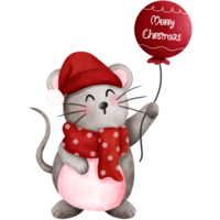 Cheerful watercolor christmas baby mouse illustration with red balloon. png