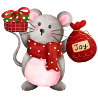 Cheerful watercolor christmas baby mouse in red scarf illustration with red gift box and santa sack. png