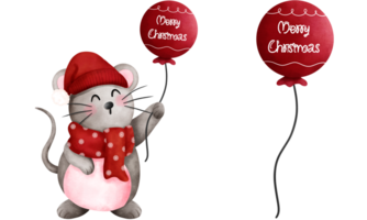 Set of adorable watercolor christmas baby mouse in red santa hat and scarf with balloons illustration. png