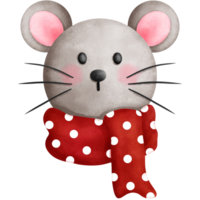 Watercolor christmas baby mouse illustration with red scarf.Christmas animal head clipart. png