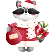 Adorable baby raccoon in red santa clothes with a bag of gift and candy cane.Watercolor animal illustration. png