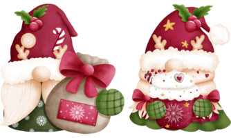 Set of watercolor christmas gnomes with christmas santa sack and hot cacao grink illustration. png