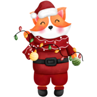 Watercolor christmas baby corgi in red santa clothes and scarf with christmas lights. png