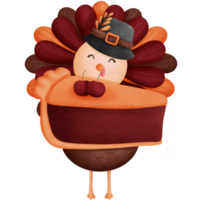 Cute watercolor thanksgiving turkey with cherry pie and vintage hat clipart.Watercolor turkey illustration for holiday decoration. png