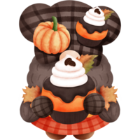 Whimsical thanksgiving gnome with pumpkin cupcake and autumn decoration illustration. png